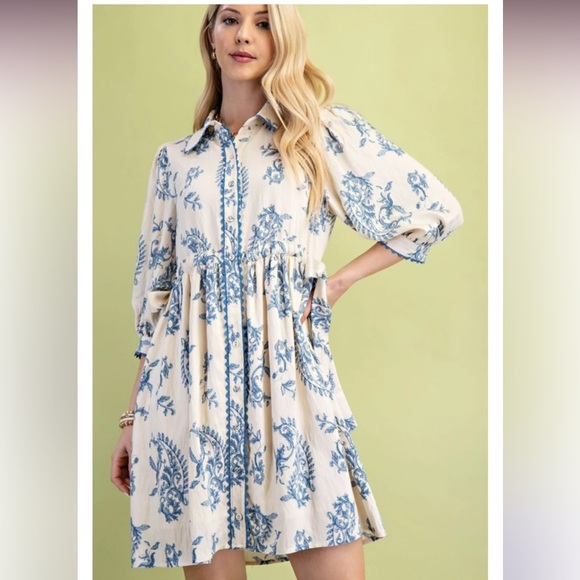 Gigio Dresses & Skirts - GiGiO Blue White Floral Dress Adjustable Tie Waist Boho Cottagecore Medium NWT